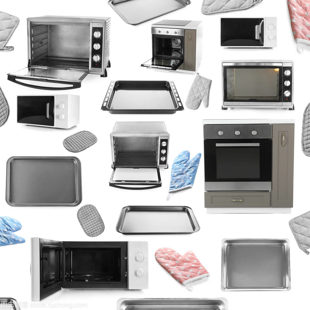 白色背景下的烤箱与厨具搭配艺术